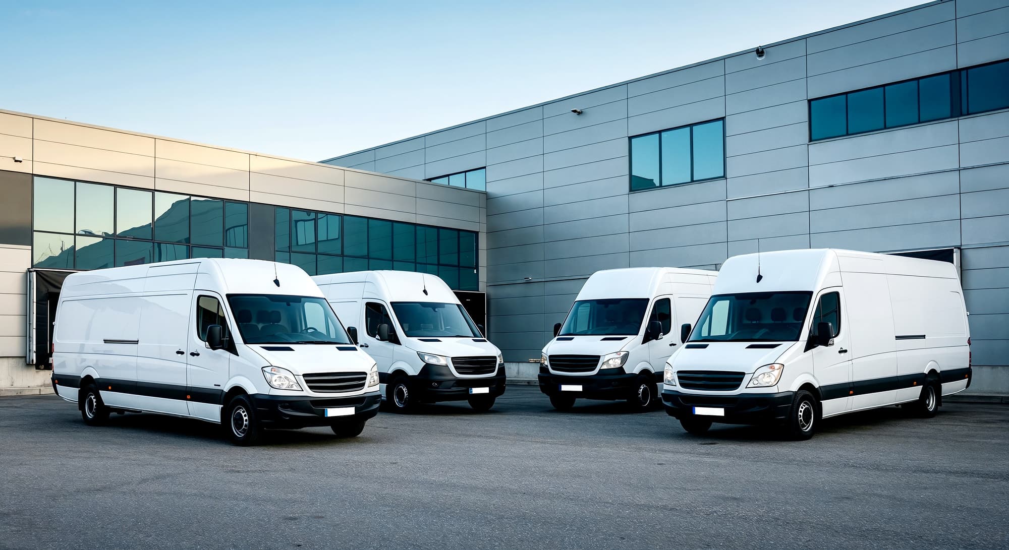 A row of white service vans parked outside a commercial building